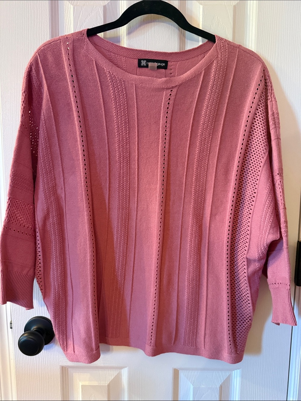 cable & gauge Dusty Rose Open-Stitch Crewneck Sweater 3/4 sleeves